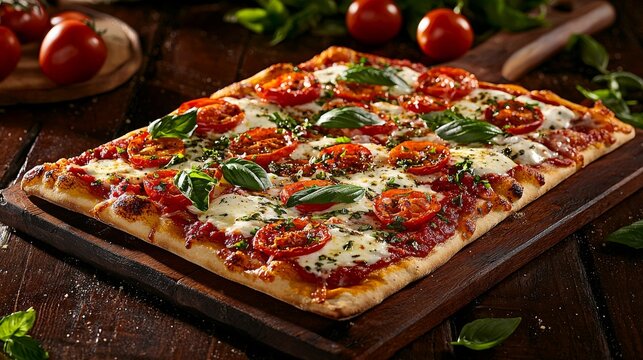 Freshly baked rectangular pizza with cherry tomatoes, melted mozzarella, and basil on a rustic wooden board, surrounded by vibrant ingredients