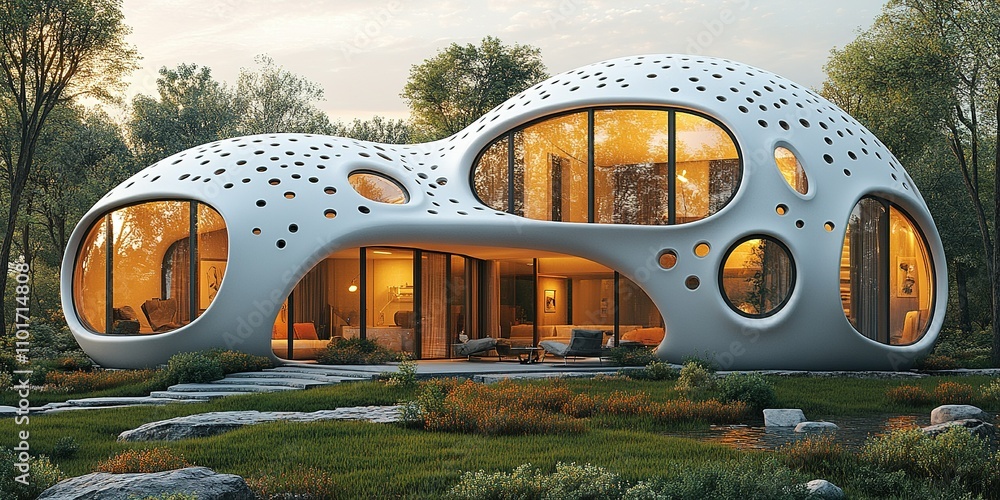 Poster unique modern architecture features rounded design and large windows set in a serene landscape durin