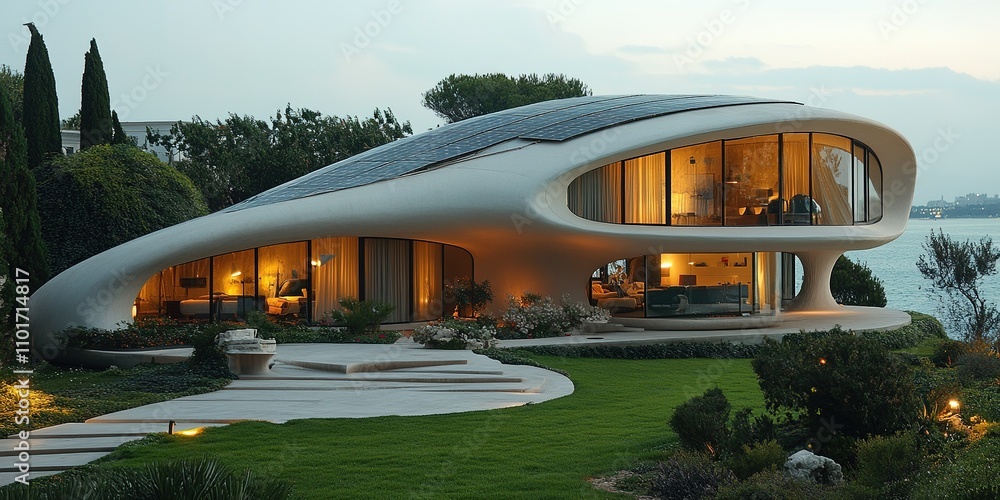 Poster modern coastal home with unique architecture and curved design set against a tranquil waterfront at 