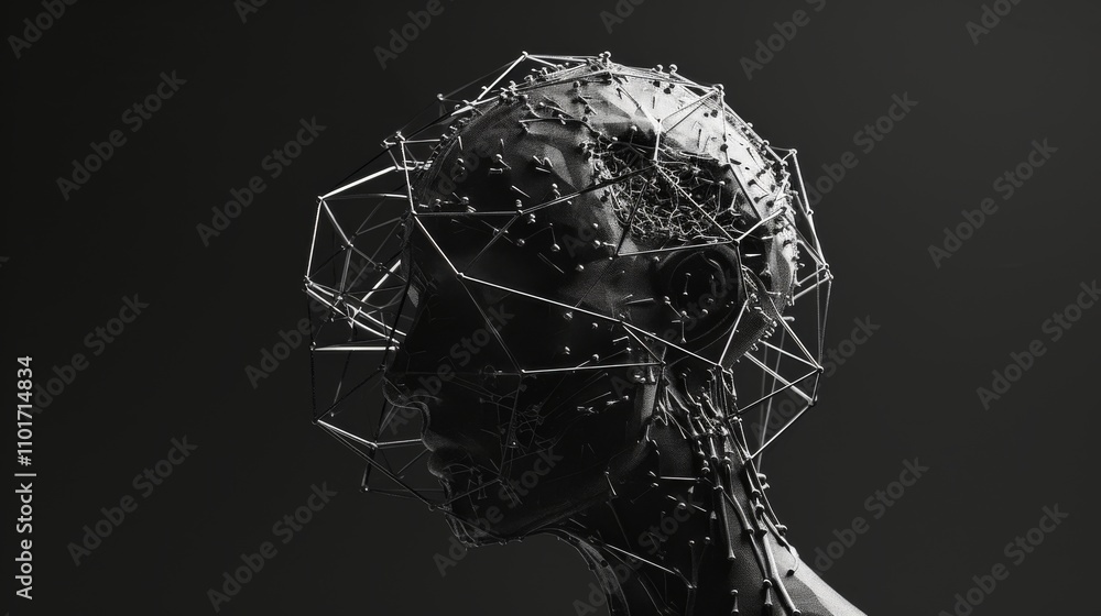 Poster a monochromatic digital rendering of a human silhouette adorned with intricate geometric lines and n