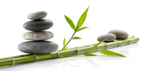 Floating Zen Stones Levitating Bamboo Stalks Isolated White Background Spa Wellness Retreats Balance