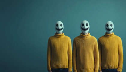 Obraz premium Cyber Bullying Abuse Awareness Support Concept. Three figures in yellow sweaters with smiley face masks stand against a teal background, conveying a surreal and playful atmosphere.