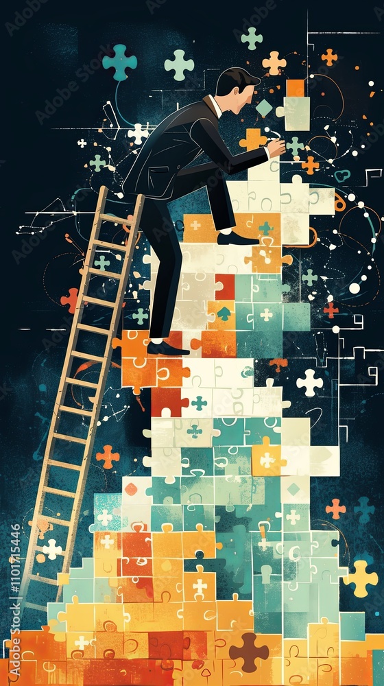 Poster businessman solving a complex problem with puzzle pieces and a ladder