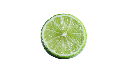 A single, perfectly ripe, green lime, cut in half to reveal its juicy interior, isolated on a white background.