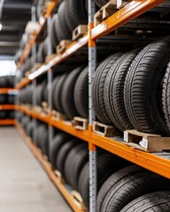 A well-organized warehouse displaying neatly stacked tires on shelves, highlighting efficient storage and automotive supplies.