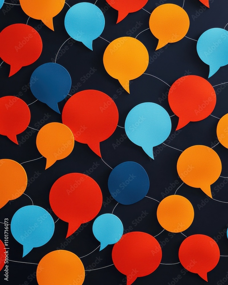 Poster a vibrant pattern of colorful speech bubbles in various shades, set against a dark background, symbo