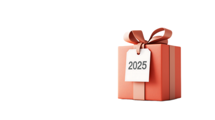 2025, A single, unwrapped gift box with a large "2025" tag on a white background.