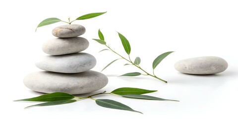 Naklejka premium Floating Zen Stones Levitating Eucalyptus Sprigs Symbolizing Balance Wellness Spa Retreats