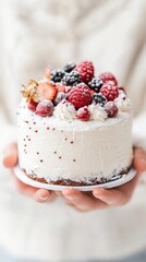 Delicate cake topped with fresh berries and cream held in hands, AI