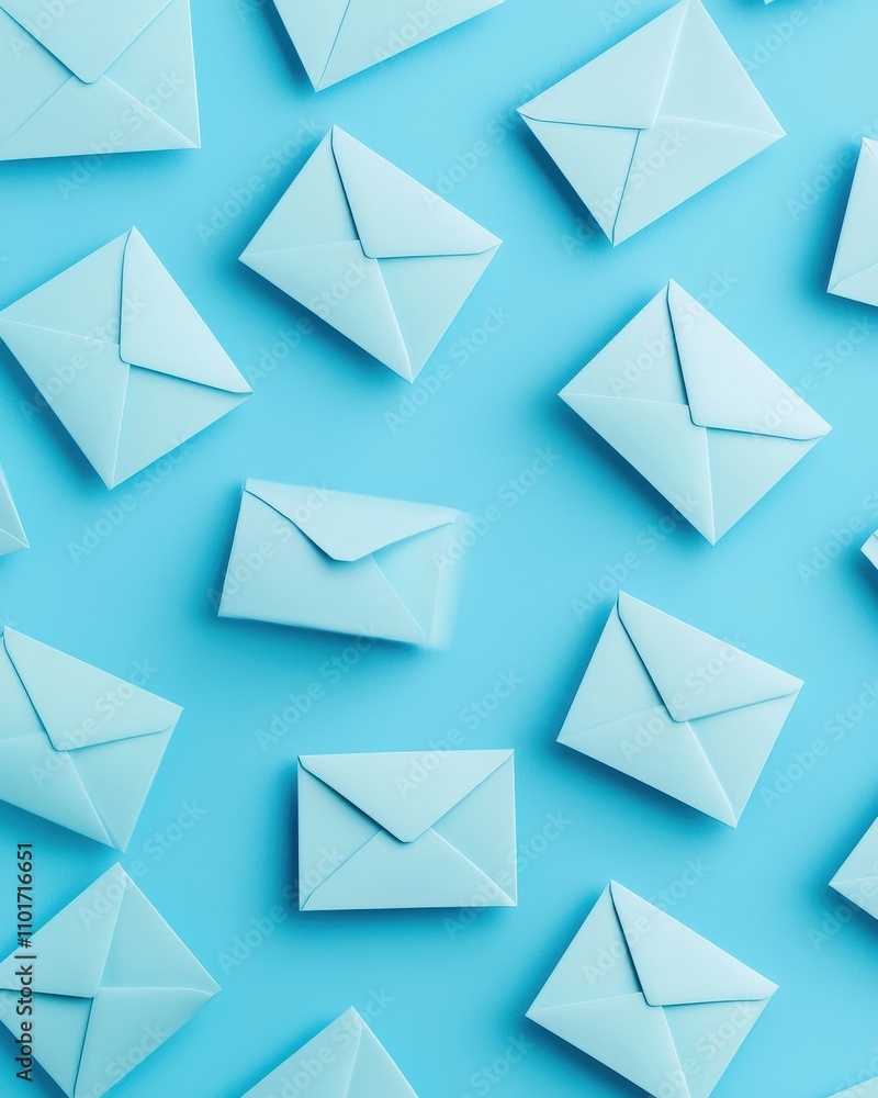 Poster a flat lay of light blue envelopes scattered on a vibrant blue background, creating a visually appea