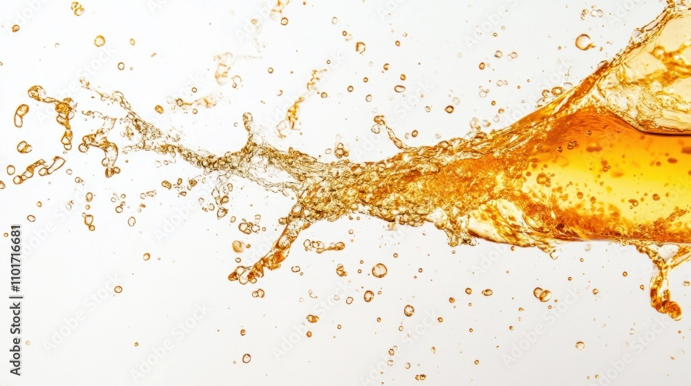 Poster artistic splash of golden orange champagne creating dynamic patterns inside a flute, on a clean whit