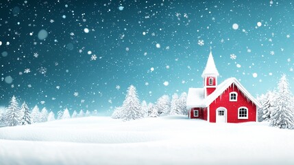 Snowy red and white village in a winter wonderland with falling snowflakes and a serene mountain backdrop