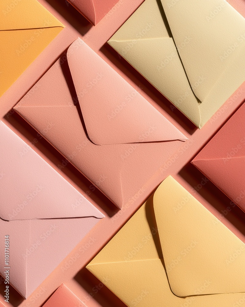 Poster a colorful arrangement of envelopes in pastel shades, creating an aesthetically pleasing pattern on 