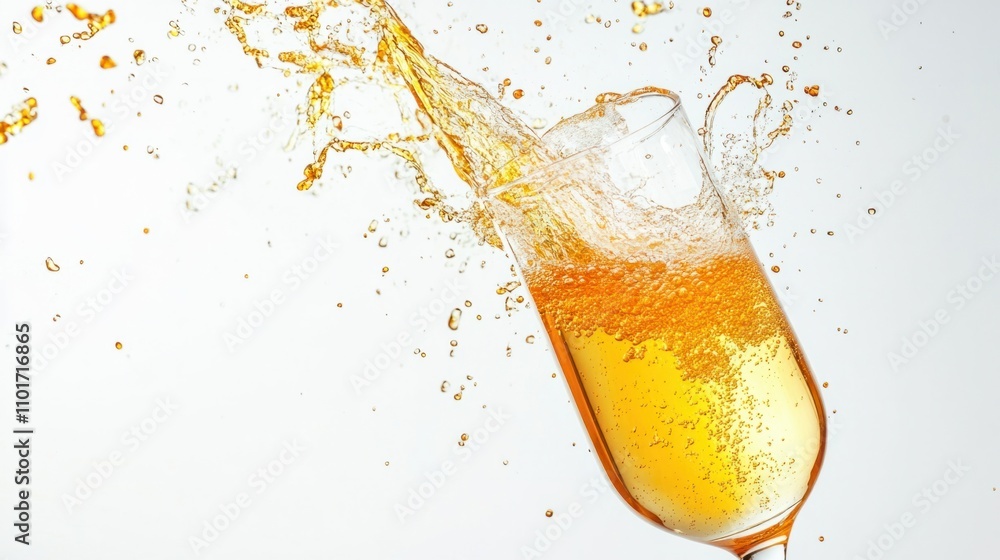 Poster artistic splash of golden orange champagne creating dynamic patterns inside a flute, on a clean whit