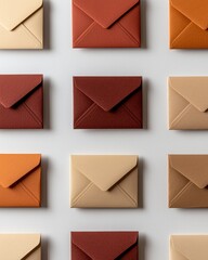 A collection of stylish envelopes in warm tones, arranged neatly on a light background, perfect for invitations or creative stationery.