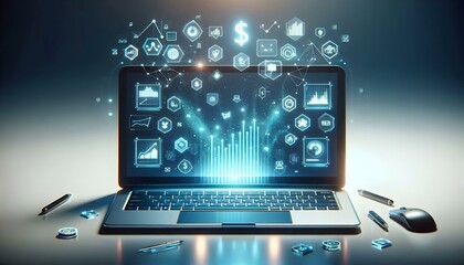 Holographic Laptop with Floating Icons for Smart Business in Minimalist Workspace