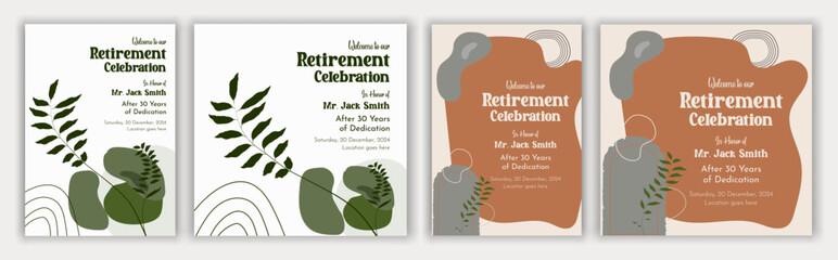 Retirement flyer. retirement poster. retirement banner. celebration flyer. boho. bohemian. vintage. free. editable. festive. happy retirement party flyer. clean. leaves. graphical elements print ready