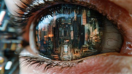 Eye, A realistic rendering of a human eye reflecting a complex cityscape, showcasing intricate details of the iris and pupil.