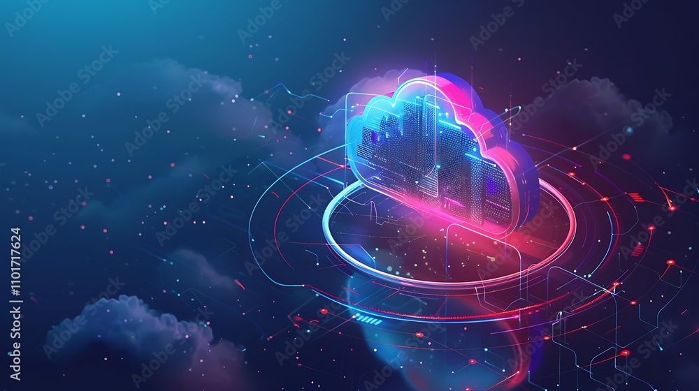 Poster a futuristic cloud symbolizing digital storage and connectivity, surrounded by abstract technology e