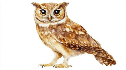 Naklejka premium Cute Watercolor Owl In Natural State Standing Gracefully on white