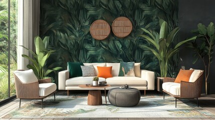 A tranquil living room, featuring a white sofa and armchairs, adorned with vibrant throw pillows, set against a lush tropical wallpaper.  Natural light streams in, creating a serene atmosphere.