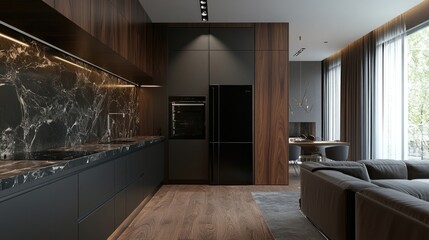 Sleek modern kitchen with dark wood cabinetry, black marble countertops, and built-in appliances. The room features a sophisticated and minimalist design.