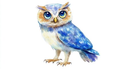 Fototapeta premium Watercolor illustration of a small owl with big blue eyes standing isolated on a clean white background for children's design.