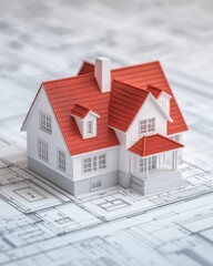 A detailed model house with a red roof sits atop architectural blueprints, showcasing design and construction planning.