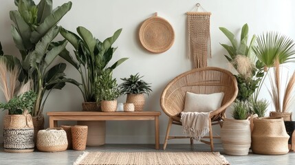 A peaceful room setting with a rattan chair, woven wall hanging, and various potted plants. Natural textures and earthy tones create a calming atmosphere.