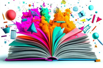Open book with vibrant paint splashes and colorful paint jars on a white background, symbolizing creativity and imagination