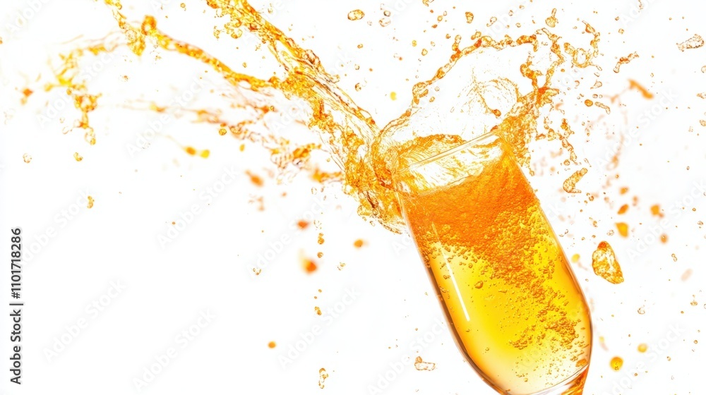 Poster bright orange champagne splashing inside a wine glass, creating dynamic liquid motion and sparkling 