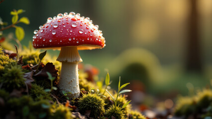 A red muscimol mushroom with dewdrops, growing on a mossy forest floor.
