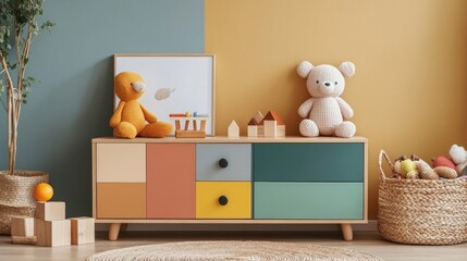 Colorful kids' room with a modern dresser, featuring two plush toys and wooden blocks. A calming and playful atmosphere.