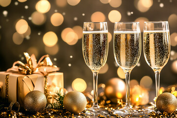 A holiday scene featuring three tall, slender champagne flutes filled with sparkling golden champagne, arranged in a row on a polished dark wooden table.