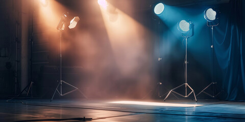 Empty stage with dramatic lighting and haze.