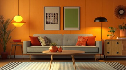 Obraz premium Mid-century modern living room with orange walls, a gray sofa, and stylish decor. The room is softly lit, creating a warm and inviting atmosphere.