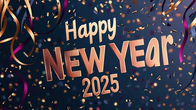 Modern New Year design with midnight blue and deep burgundy streamers, hints of gold confetti, "Happy New Year" in a small artistic font, and "2025" in bold, refined copper typography.