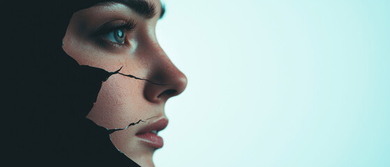 Cyber Bullying Abuse Awareness Support Concept. A close-up profile of a woman with striking features, partially obscured by a dark element, creating an artistic contrast against a light background.