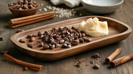 A wooden tray with cacao beans and raw cocoa butter, surrounded by cinnamon sticks, on a rustic kitchen table