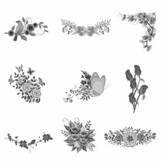 Set of flowers,seamless pattern with flowers,Watercolor translucent flowers icons. Botanical flower illustration. Pressed flower with leaves drawing isolated, flowers vector on white background 