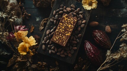 Cacao beans and a piece of handmade chocolate on a dark wooden surface, surrounded by dried flowers and cocoa pods
