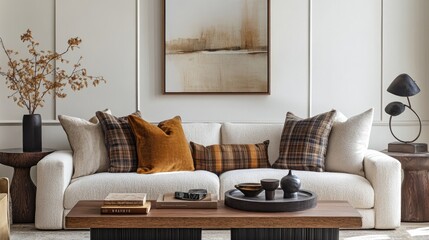 A cozy living room features a cream-colored sofa adorned with warm-toned throw pillows, creating a serene and inviting atmosphere. The room's neutral color palette.