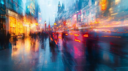 Blurry Busy city street at night, filled with people and vibrant lights
