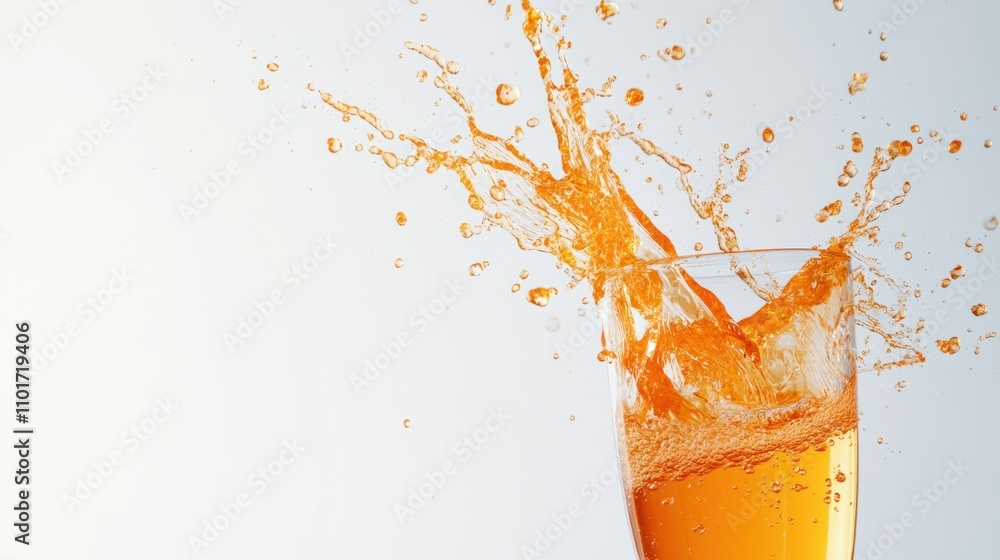 Poster champagne flute with orange champagne splashing upward, creating dynamic liquid patterns and lively 