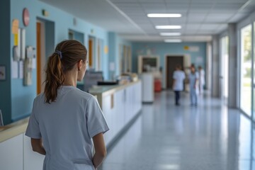 A healthcare worker stands in a hospital corridor, watching colleagues attend to patients while the bright and clean environment reflects daily operations