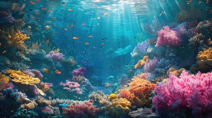 Fototapeta premium A beautiful landscape of a coral reef, teeming with marine life and color
