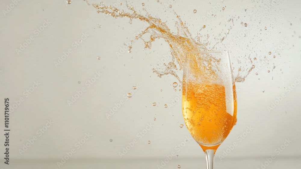 Poster champagne flute with orange champagne splashing upward, creating dynamic liquid patterns and lively 