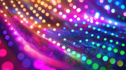 Colorful light patterns create a vibrant wave effect on a dark background