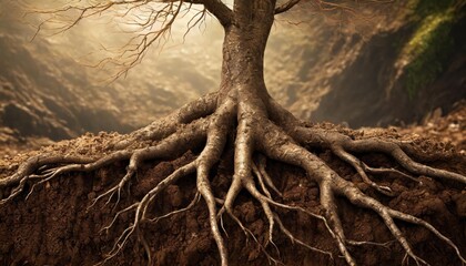 Close-up illustration of intricate tree roots intertwining in soil, showcasing underground textures and organic patterns with detailed realism, ideal for nature, biology, and environment