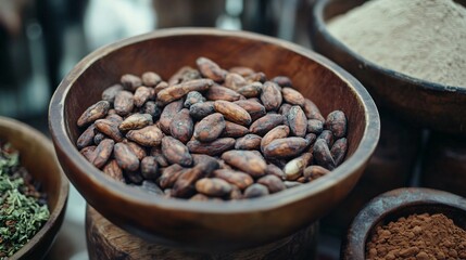Fototapeta premium Close up of cacao beans arranged in a vintage wooden bowl, surrounded by raw cocoa powder and dried herbs